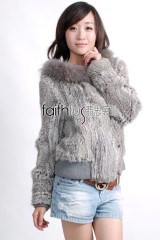 Hooded Rabbit Fur Knitted Jacket with Racoon Fur trimmed