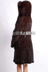 Hooded Knitted Mink Fur Long Coat with Fox fur trimmed