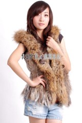 Hooded Rabbit Fur Knitted Vest with Racoon Fur trimed