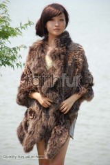 Rabbit Fur Knitted Cape with Fox Fur Fully trimmed