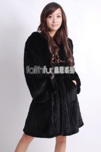 Hooded 3/4 Length Knitted Mink Fur Long Overcoat