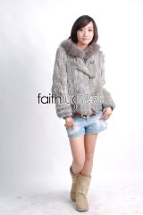 Hooded Rabbit Fur Knitted Jacket with Racoon Fur trimmed