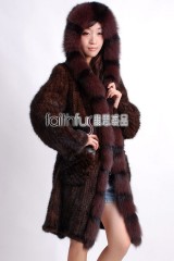 Hooded Knitted Mink Fur Long Coat with Fox fur trimmed