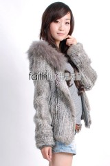 Hooded Rabbit Fur Knitted Jacket with Racoon Fur trimmed