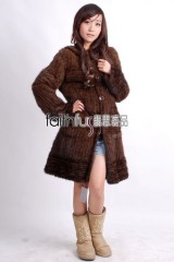 Hooded 3/4 Length Knitted Mink Fur Long Overcoat