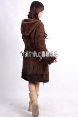 Hooded 3/4 Length Knitted Mink Fur Long Overcoat