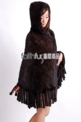 Hooded Mink Fur Knitted Cape