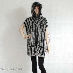 Hooded Rabbit Fur Knitted Cape/Shawl