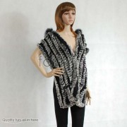 Hooded Rabbit Fur Knitted Cape/Shawl