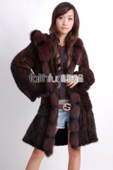 Hooded Knitted Mink Fur Long Coat with Fox fur trimmed