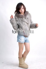 Hooded Rabbit Fur Knitted Jacket with Racoon Fur trimmed