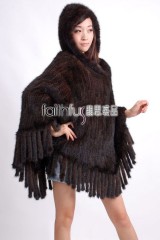 Hooded Mink Fur Knitted Cape