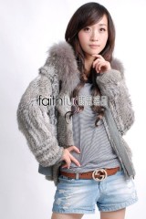 Hooded Rabbit Fur Knitted Jacket with Racoon Fur trimmed