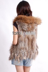 Hooded Rabbit Fur Knitted Vest with Racoon Fur trimed