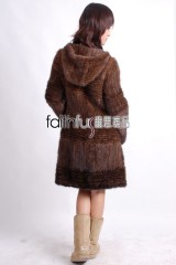 Hooded 3/4 Length Knitted Mink Fur Long Overcoat