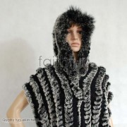 Hooded Rabbit Fur Knitted Cape/Shawl