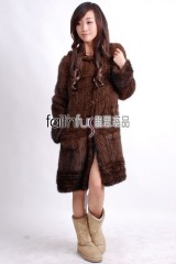 Hooded 3/4 Length Knitted Mink Fur Long Overcoat