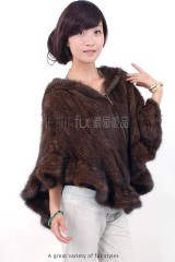 Hooded Mink Fur Knitted Cape