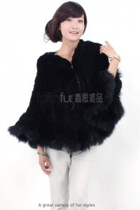 Rex Rabbit Fur Knitted Cape with Fox Fur Trimmed