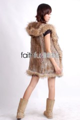 Hooded Rabbit Fur Knitted Vest with Racoon Fur trimed