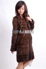 Hooded 3/4 Length Knitted Mink Fur Long Overcoat