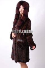 Hooded Knitted Mink Fur Long Coat with Fox fur trimmed