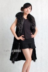 Mink Fur Knitted Long Vest/Waistcoat with Racoon Fur trimmed