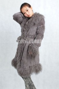 Rabbit Fur Knitted Jacket with Tibet Sheep Fur trimmed