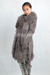 Rabbit Fur Knitted Jacket with Tibet Sheep Fur trimmed