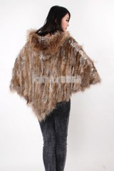 Hooded Rabbit Fur Knitted Cape with Racoon Fur trim