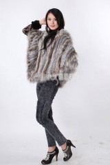 Hooded Rabbit Fur Knitted Cape with Racoon Fur trim