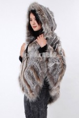 Hooded Rabbit Fur Knitted Cape with Racoon Fur trim