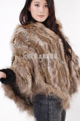 Hooded Rabbit Fur Knitted Cape with Racoon Fur trim