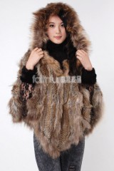 Hooded Rabbit Fur Knitted Cape with Racoon Fur trim