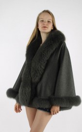 Women Grey Cashmere Cape / Fox Fur Fully Trimmed