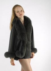 Women Grey Cashmere Cape / Fox Fur Fully Trimmed