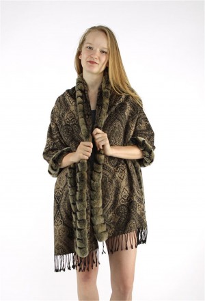 Cashmere Cape Kashmiri Shawl / Rex Rabbit Fur Fully Trimmed