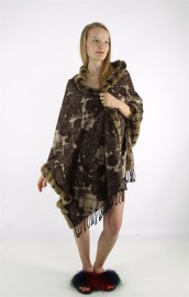 Kashmiri Shawl Cashmere Cape / Rex Rabbit Fur Trim