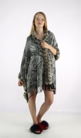 Cashmere Cape Kashmiri Shawl / Rex Rabbit Fur Fully Trimmed