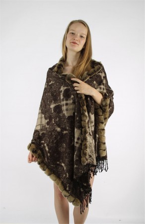 Kashmiri Shawl Cashmere Cape / Rex Rabbit Fur Trim