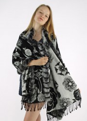 Kashmiri Shawl Cashmere Cape  / Rex Rabbit Fur Fully Trimmed