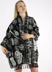 Kashmiri Shawl Cashmere Cape  / Rex Rabbit Fur Fully Trimmed