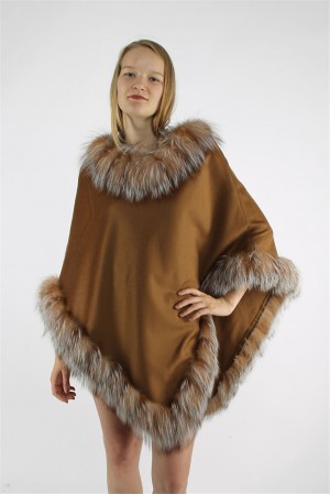 Kashmiri Shawl Cashmere Poncho | Fox Fur Trim