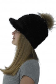 Women Winter Knitted Baseball Mink Hat with Fox Fur Pom Pom