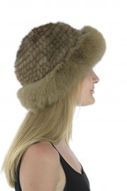 Women Winter Knitted Mink Fur Bucket Hat Cap with Fur Trim