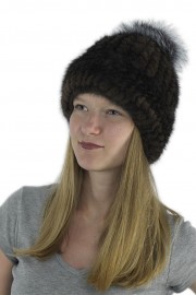 Women Winter Knitted Turtle Mink Hat Beanie with Fox Fur Pom Pom