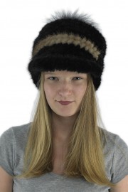 Women Winter Knitted Baseball Mink Hat with Fox Fur Pom Pom