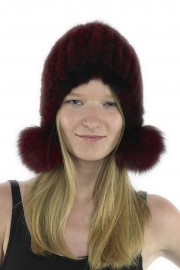 Women Winter Knitted Turtle Mink Hat with Fox Fur Pom Pom