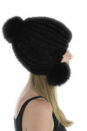 Women Winter Knitted Turtle Mink Hat with Fox Fur Pom Pom