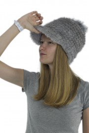 Women Winter Knitted Baseball Mink Hat with Fox Fur Pom Pom